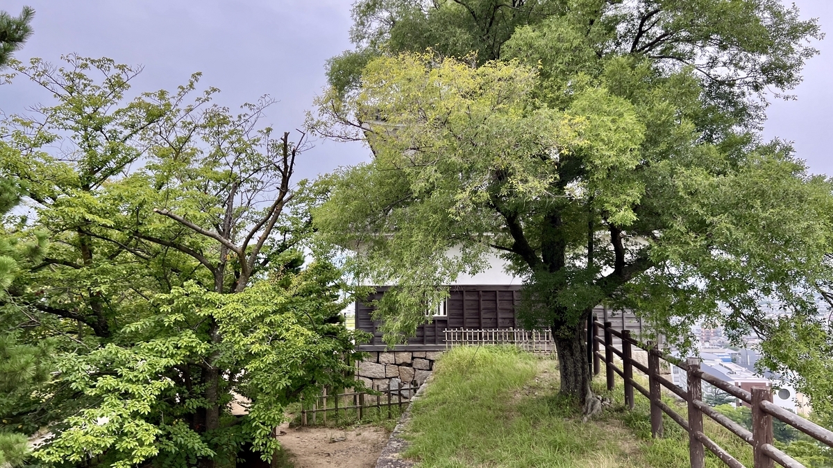 木立の間から見える天守周辺の道。自然に囲まれた小道