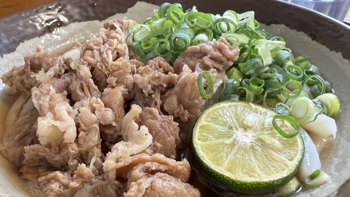 コシのある麺とすだちの爽やかさが際立つすだち肉ぶっかけうどんのアップ