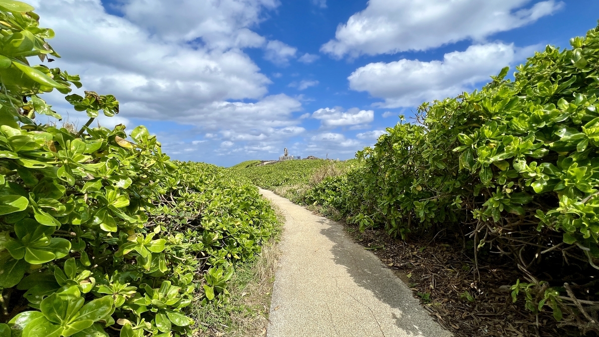 緑に囲まれた辺戸岬の遊歩道入口付近の小道
