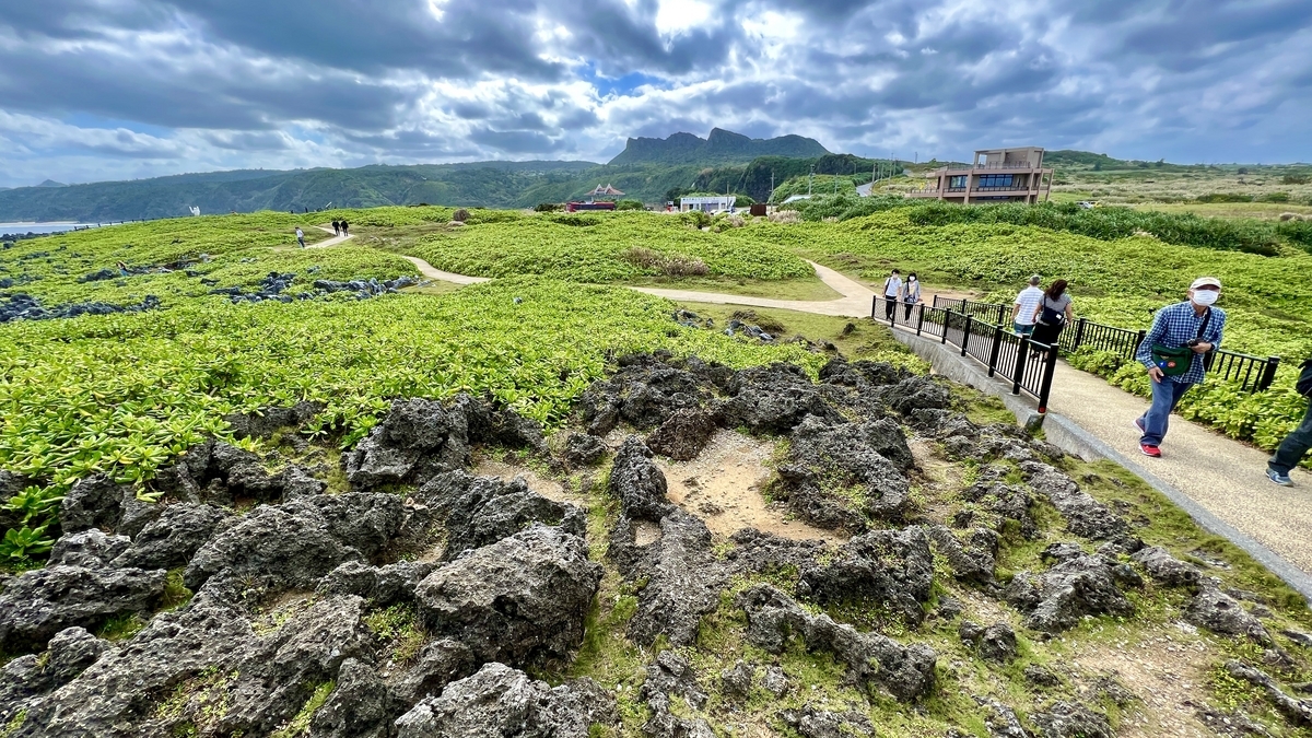 遊歩道を歩く人々と広がる緑の草地と岩場の風景