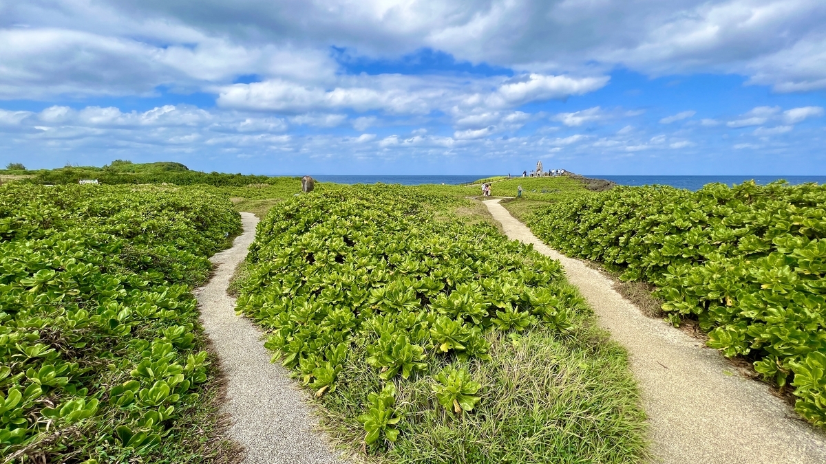 遊歩道から振り返って望む辺戸岬の広い風景