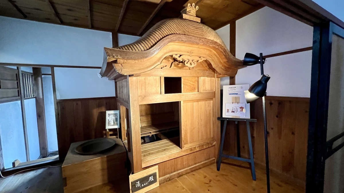 蒸し風呂の外観展示と木製の入口構造