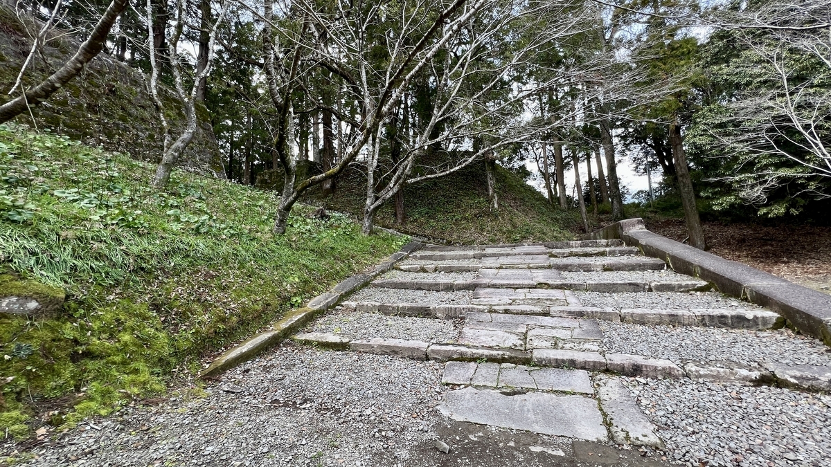 旧本丸跡へ続く杉並木と緩やかな石段