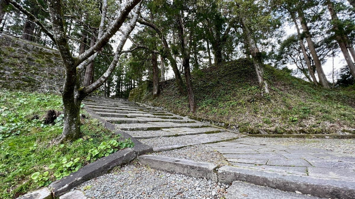 杉の木々に囲まれた石段と静かな参道