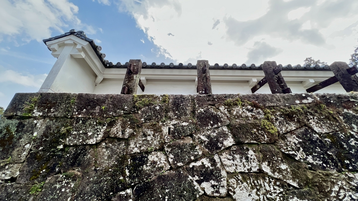 石垣の苔と風化した石面が見える近距離視点