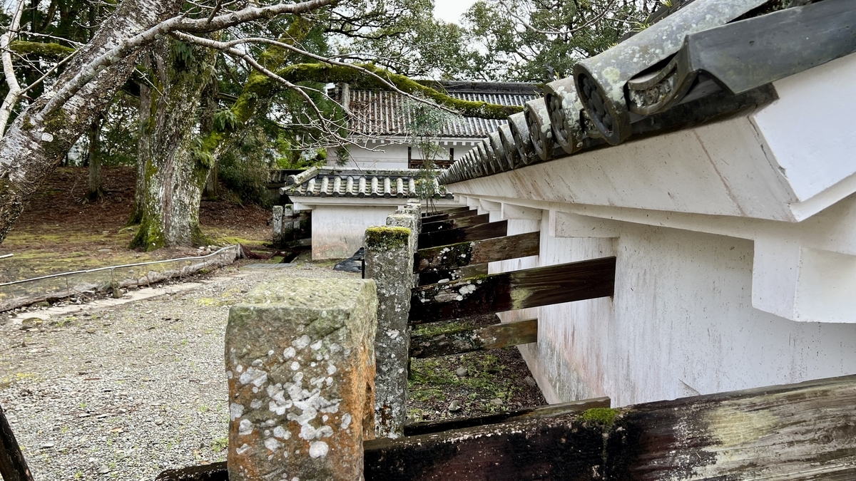 苔に覆われた石垣と木々のある趣深い景観