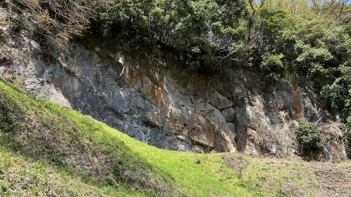 苔と草に覆われた阿蘇溶結凝灰岩の岩肌