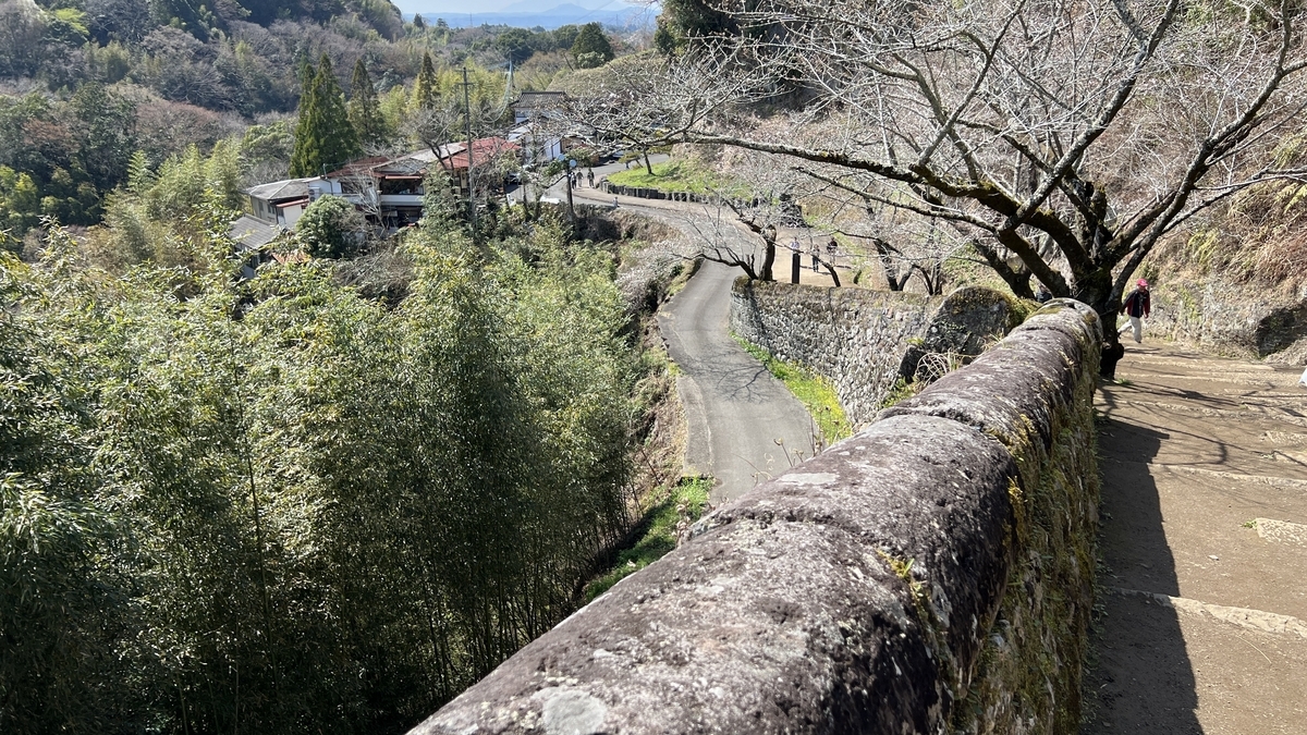 石垣越しに見下ろす坂道と竹林