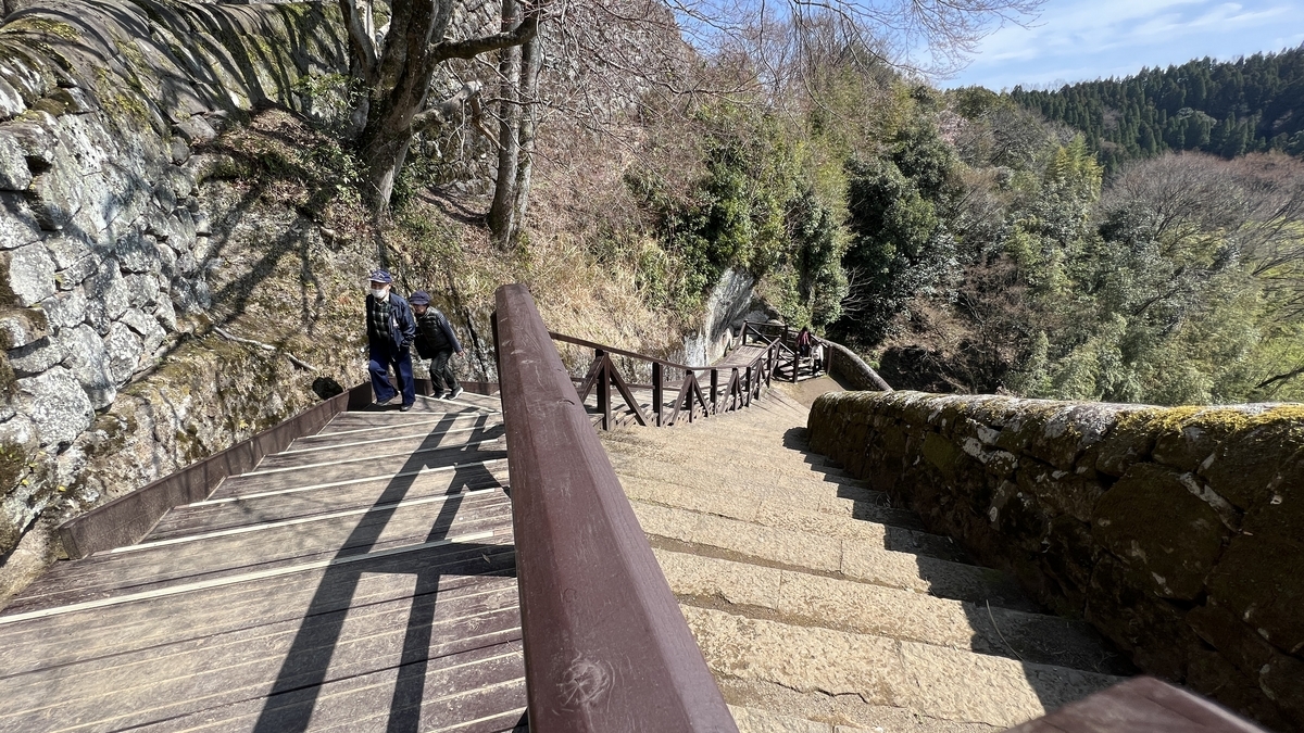 木段と石段が並ぶ急な階段を見下ろす景色