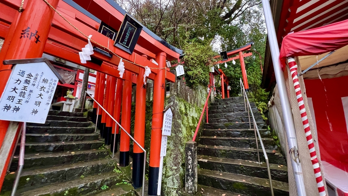 左右に分かれる石段沿いに連なる朱色の鳥居