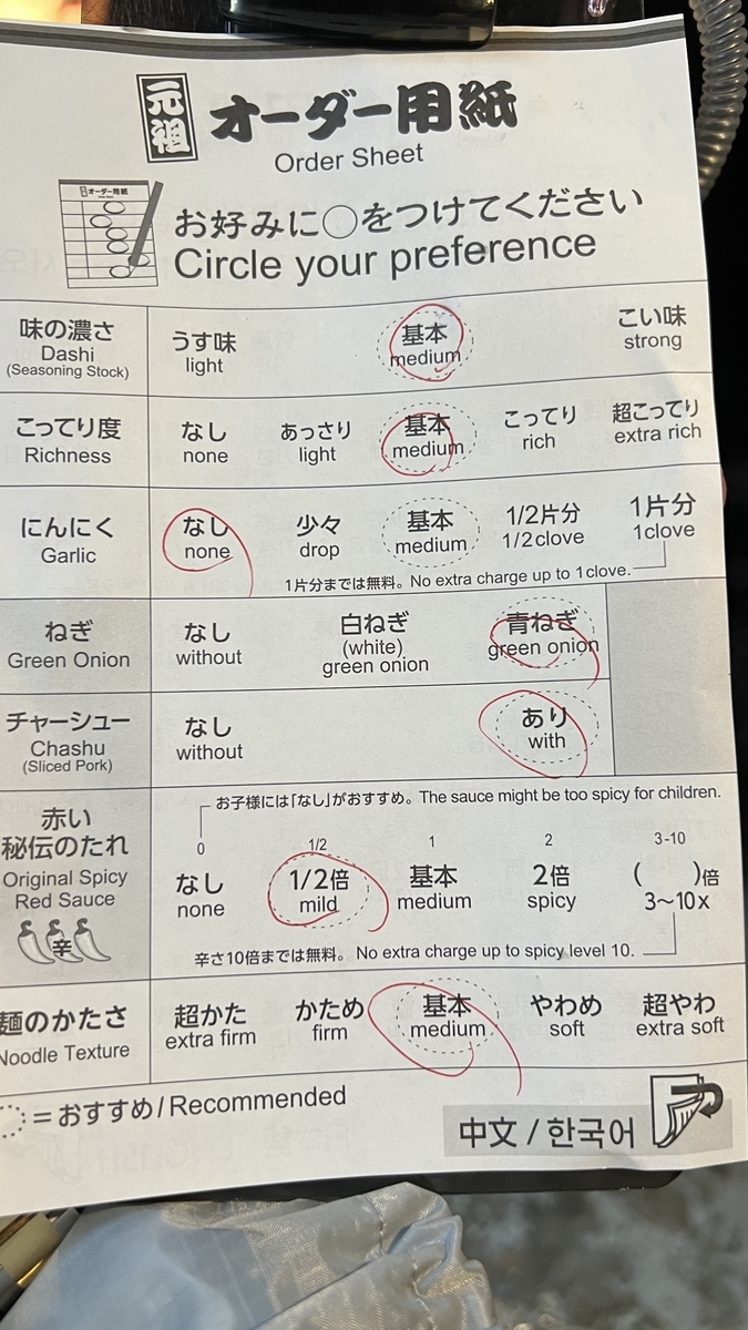 味の濃さや麺のかたさを選ぶ一蘭のオーダー用紙