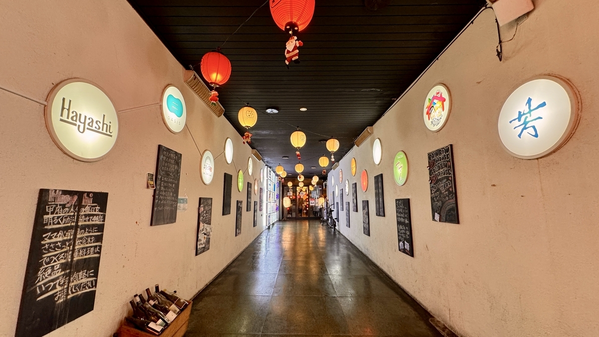 店名の丸い看板が並ぶ通路に赤い提灯が吊られた甲府ぐるめ横丁