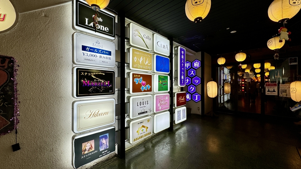 甲府スナック横丁の通路に並ぶ店名看板と提灯