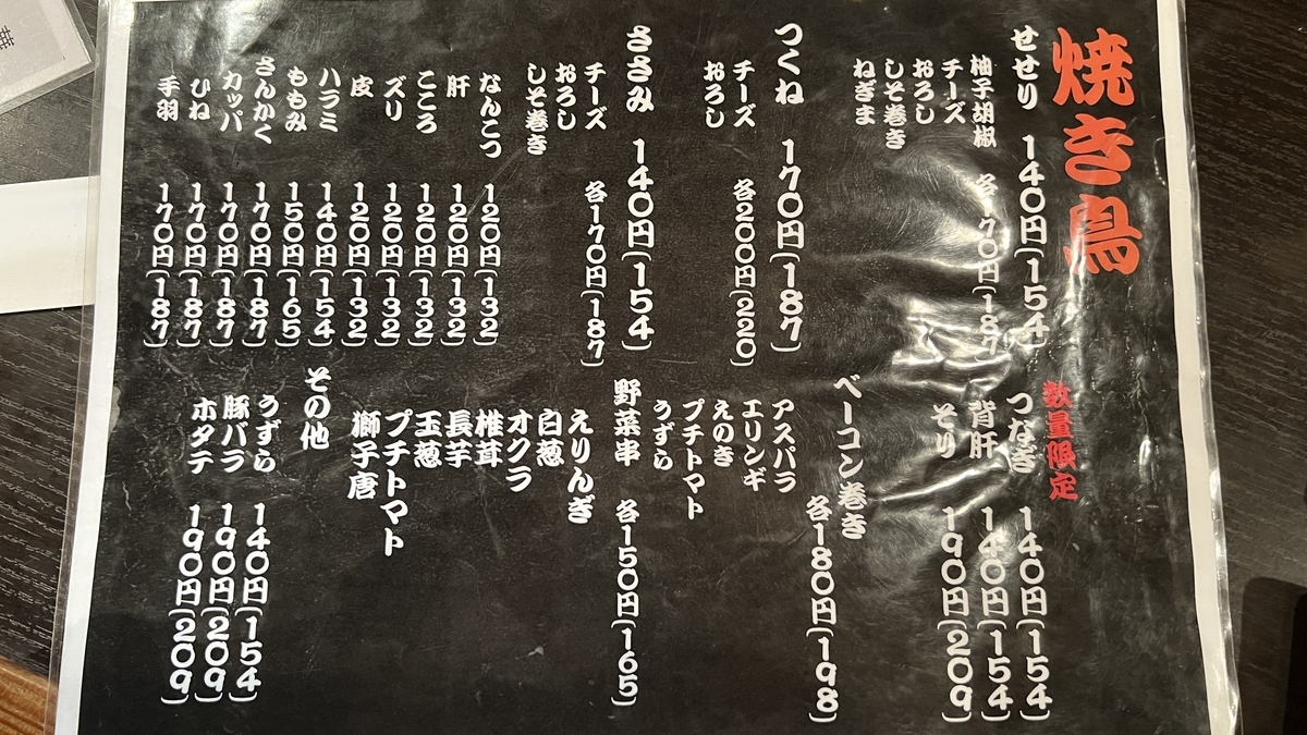 焼き鳥メニュー