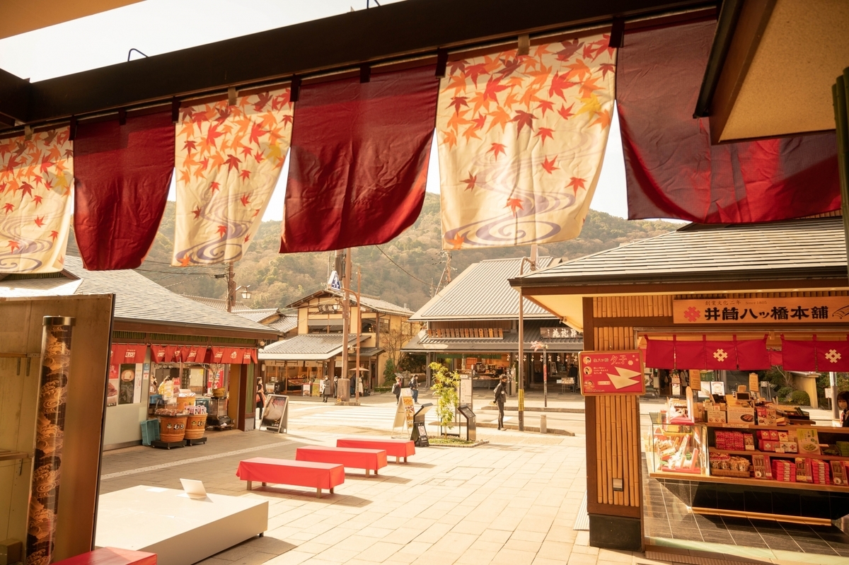 嵐山駅はんなりほっこりスクエアの広場に並ぶ赤いベンチと秋柄ののれん