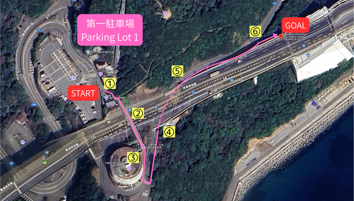 第一駐車場から渦の道までの徒歩経路マップ