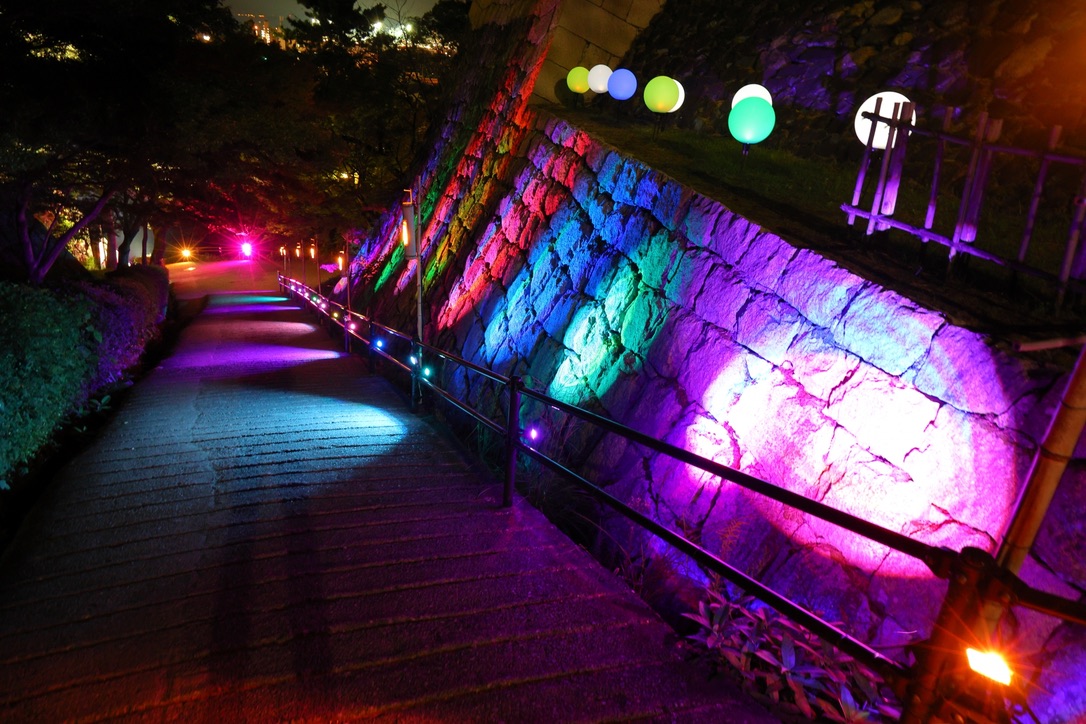 石垣のライトアップ。登城道が光で包まれる夜の風景