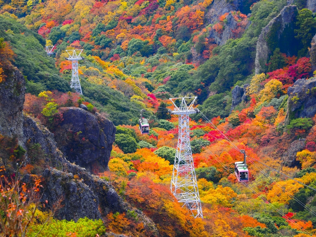寒霞渓の紅葉シーズンの色とりどりの渓谷美とロープウェイ