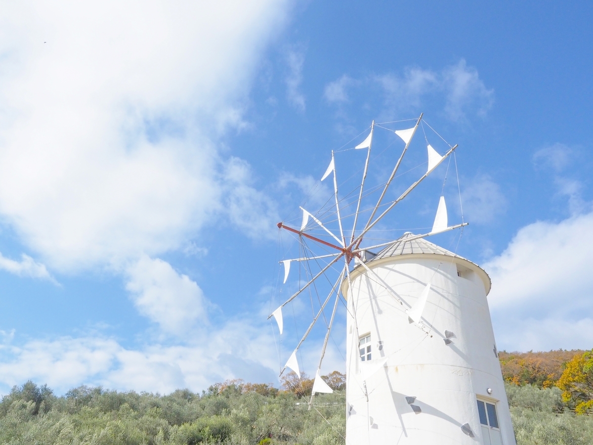 小豆島オリーブ公園 青空の下で白いギリシャ風車のアップ 帆と雲