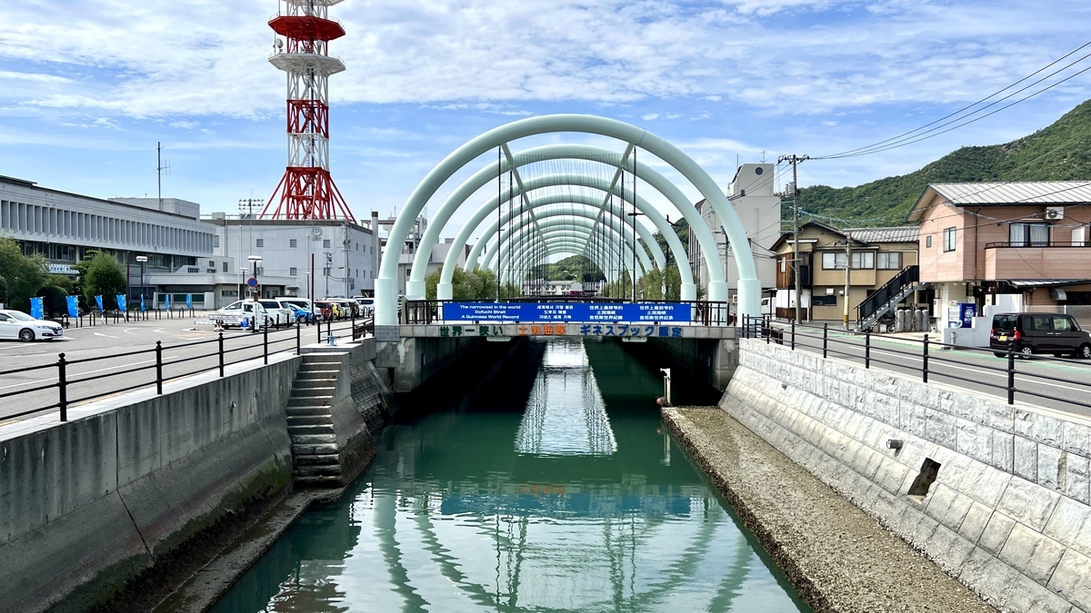 永代橋から見た土渕海峡のアーチ型屋根と狭い水路