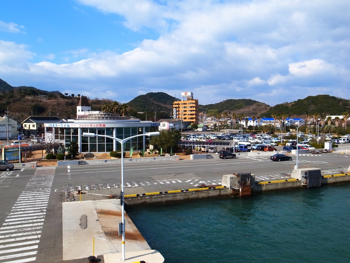 土庄港の様子と小豆島オリーブバスでのアクセス風景