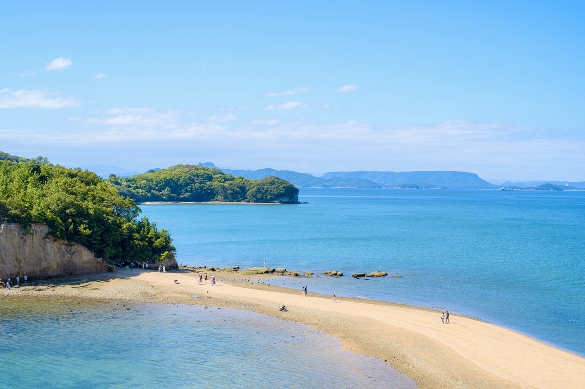 展望台からのエンジェルロードと小豆島の美しい海岸線