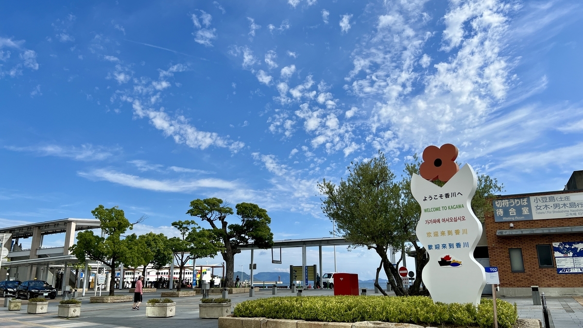 高松港周辺エリアの全景と港への案内看板