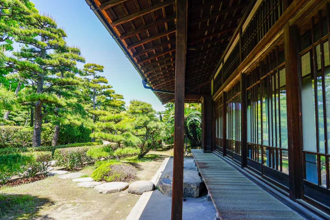縁側から眺める披雲閣の庭園風景 木造建築と緑豊かな和風庭園の調和