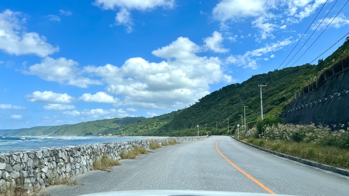 青空の下を走る国道58号線の辺戸岬付近の道路風景