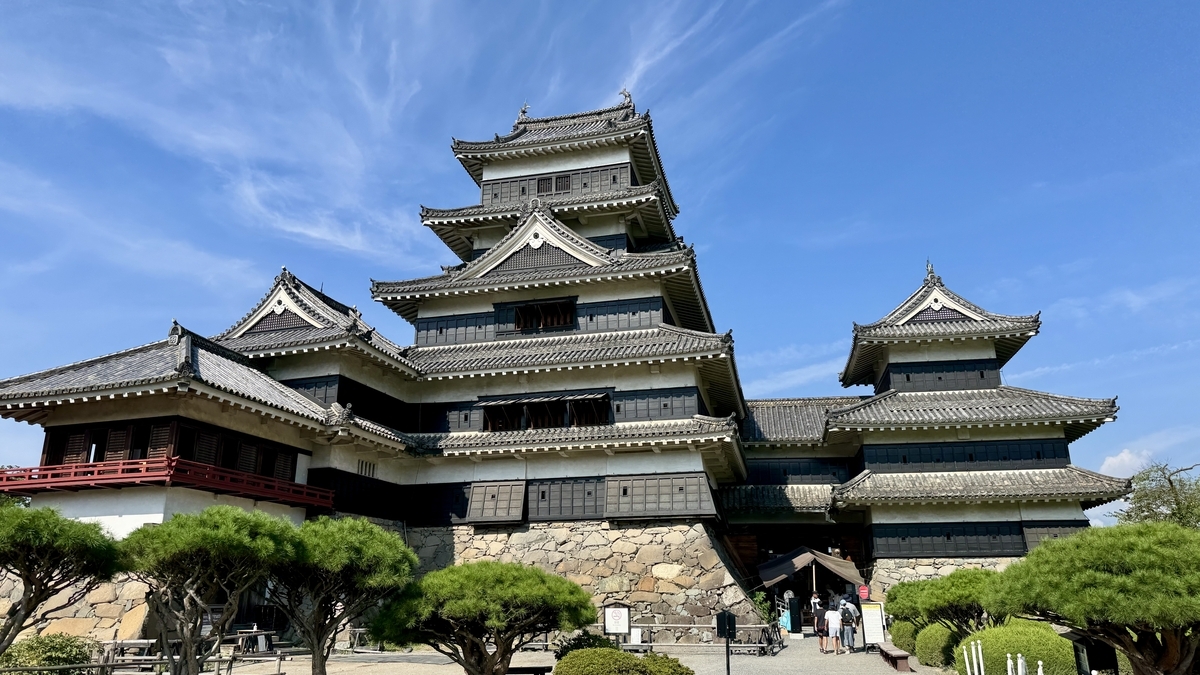 青空の下にそびえる松本城天守 外観全景