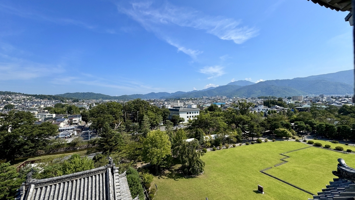 松本城天守最上階から望む松本市街と山並み