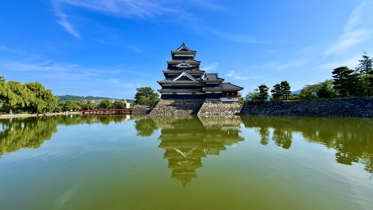 青空の下 内堀に映る松本城天守の全景