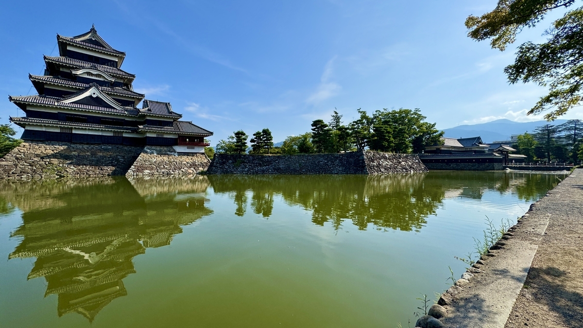 松本城天守を水面越しに斜めから撮影した景観