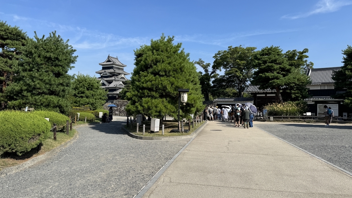 松本城天守と高麗門へ続く道 正面に行列が見える風景