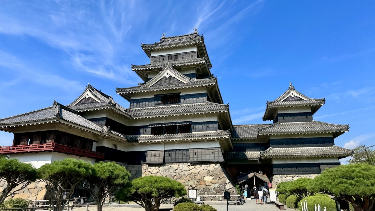 青空を背景に堂々と建つ松本城天守 正面全景