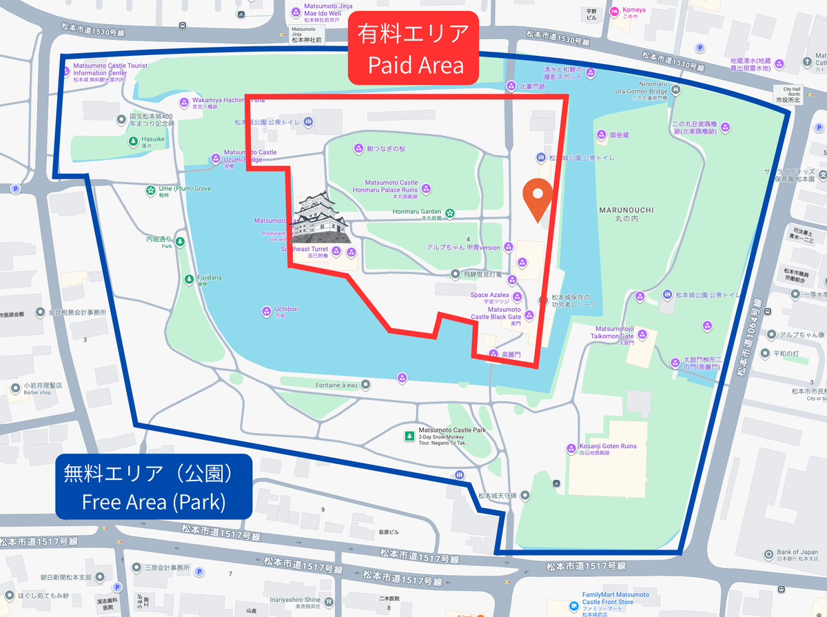 コインロッカーの位置をピン留めした松本城エリアマップ