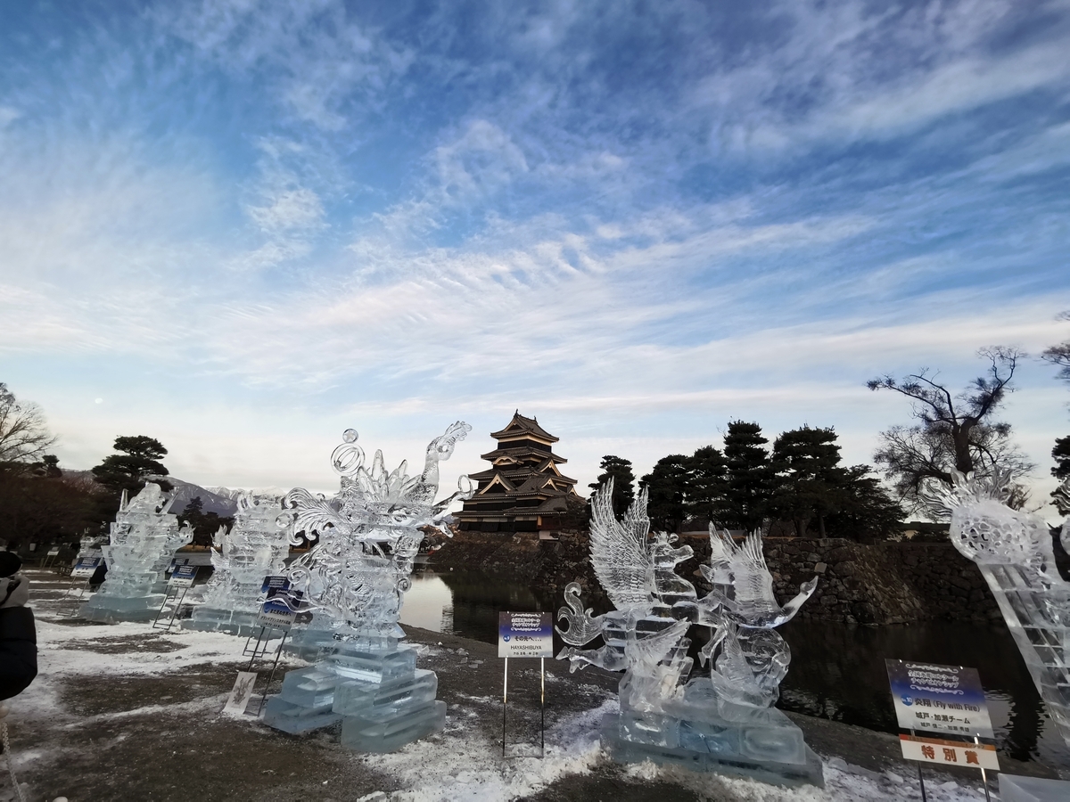 松本城氷彫フェスティバルの氷像と天守