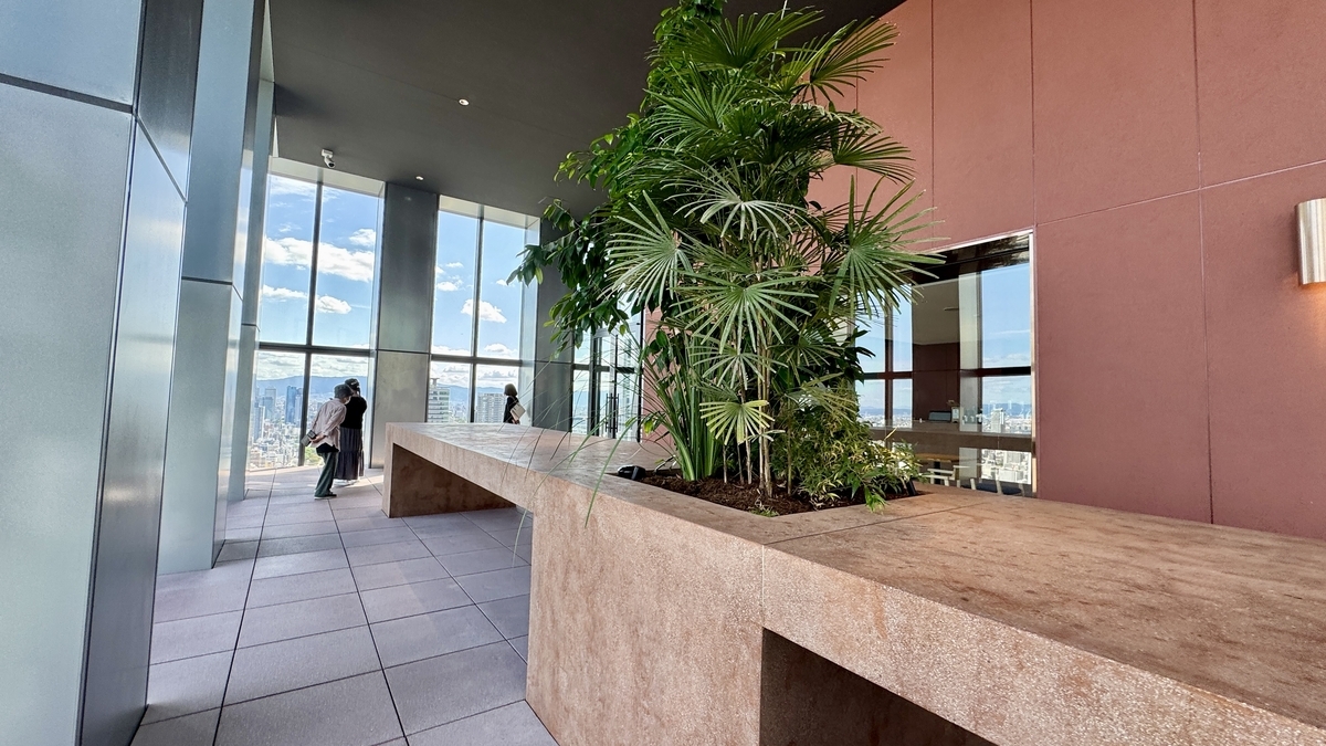 観葉植物が飾られた淀屋橋スカイテラスのカウンター型テーブル