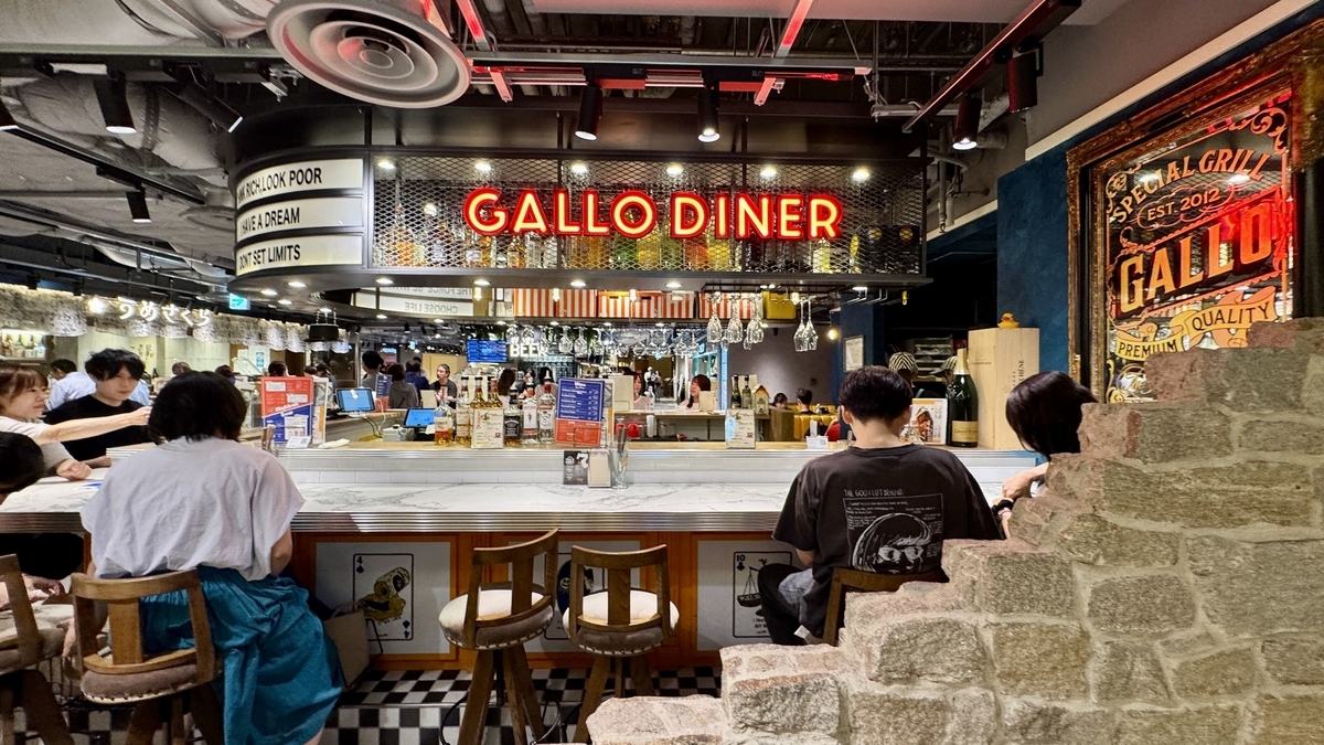 阪神バル横丁内のギャロダイナー店舗。ネオンの店名が光り、肉料理とドリンクを楽しむ人々でにぎわっている。