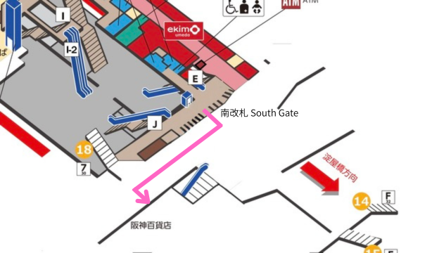 大阪メトロ梅田駅南改札から阪神百貨店梅田本店への経路図 地下通路経由のアクセスを示す