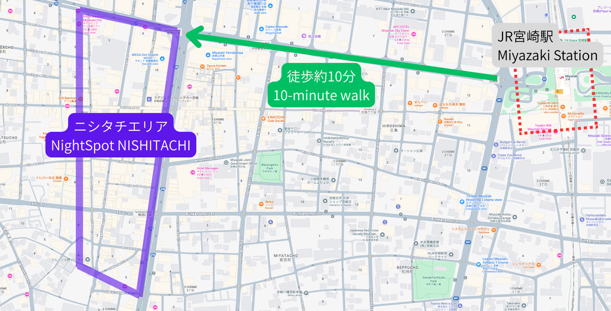 宮崎駅西側の飲食店エリアを示す地図