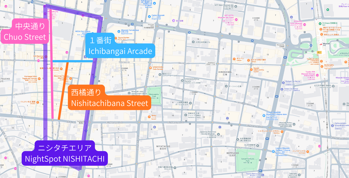 ニシタチエリアの通りを記したニシタチマップ