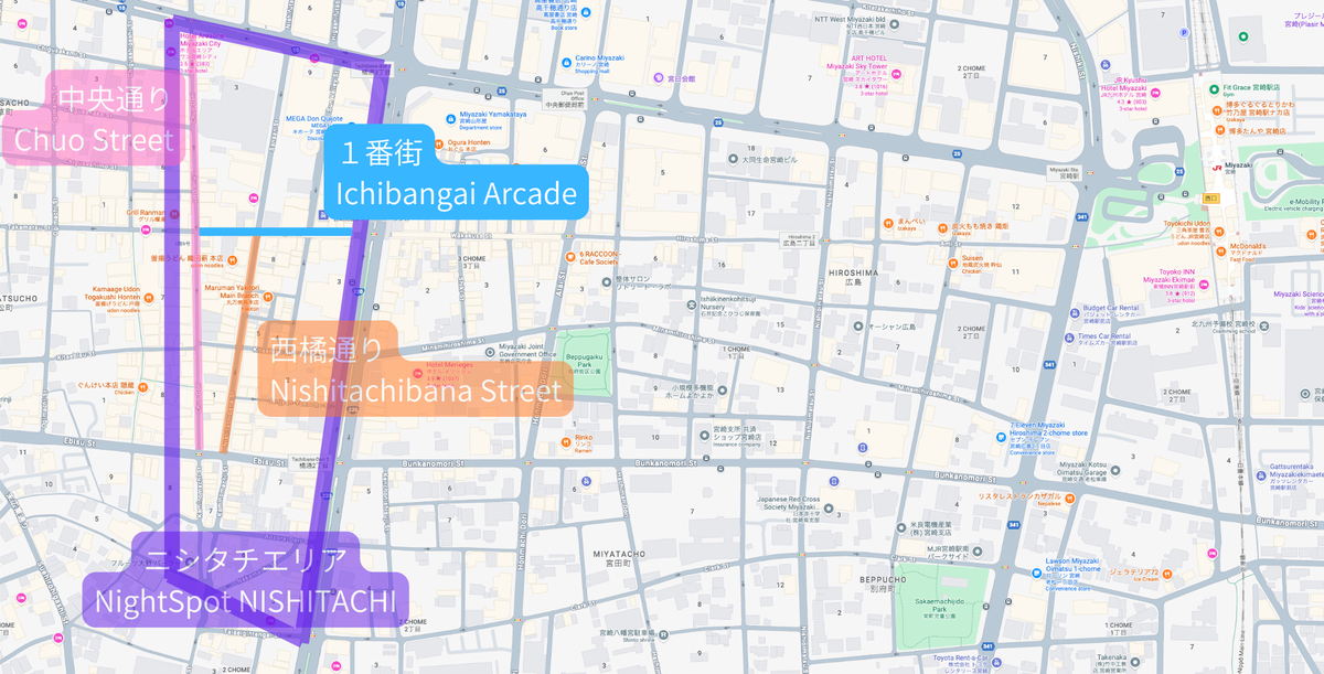 一番街の位置を強調したニシタチマップ