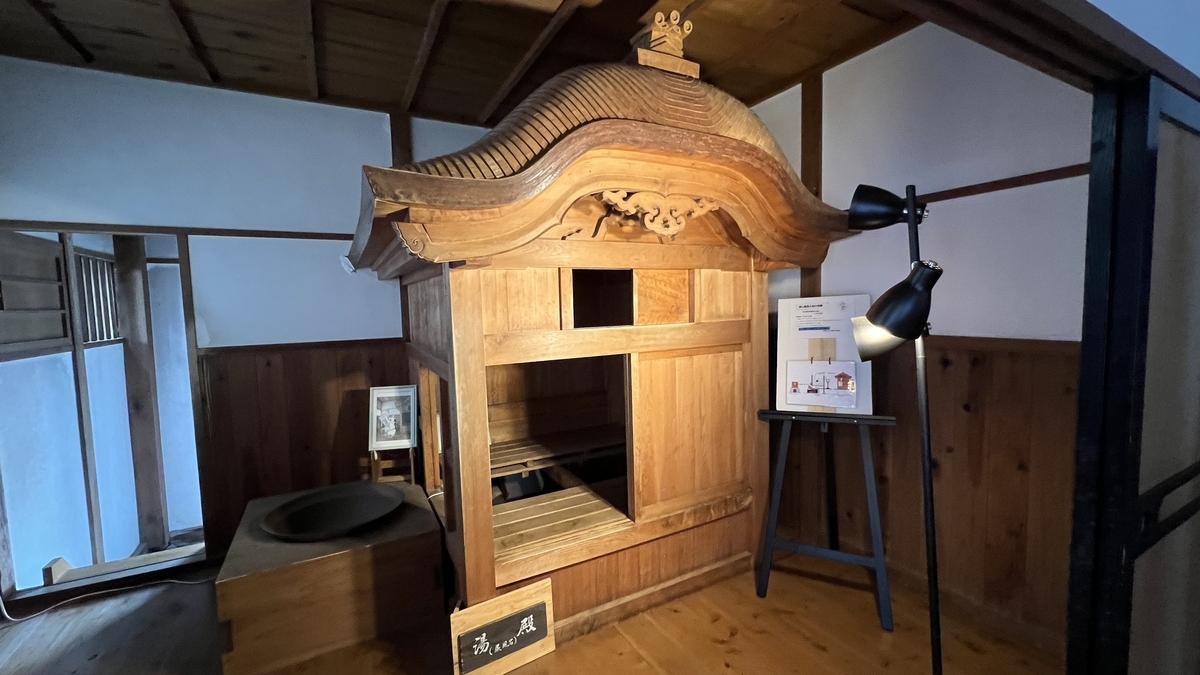 松尾の丸に復元された昔の蒸し風呂湯殿の展示