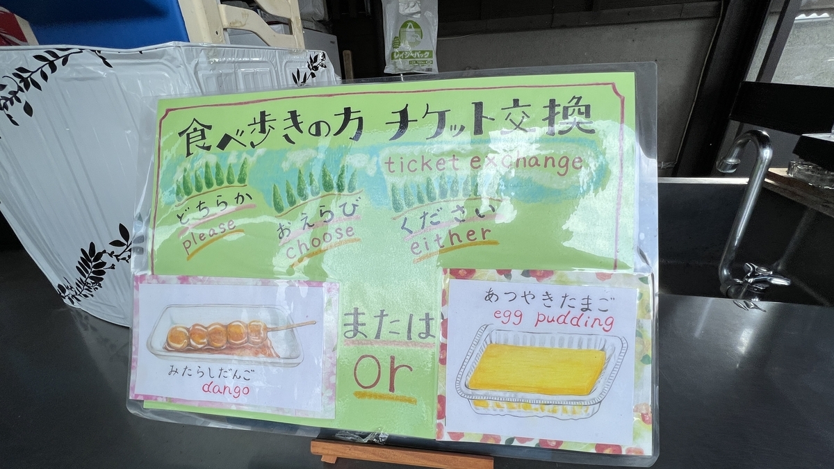 食べ歩き引換券と案内表示が並び参加店舗情報が示されている