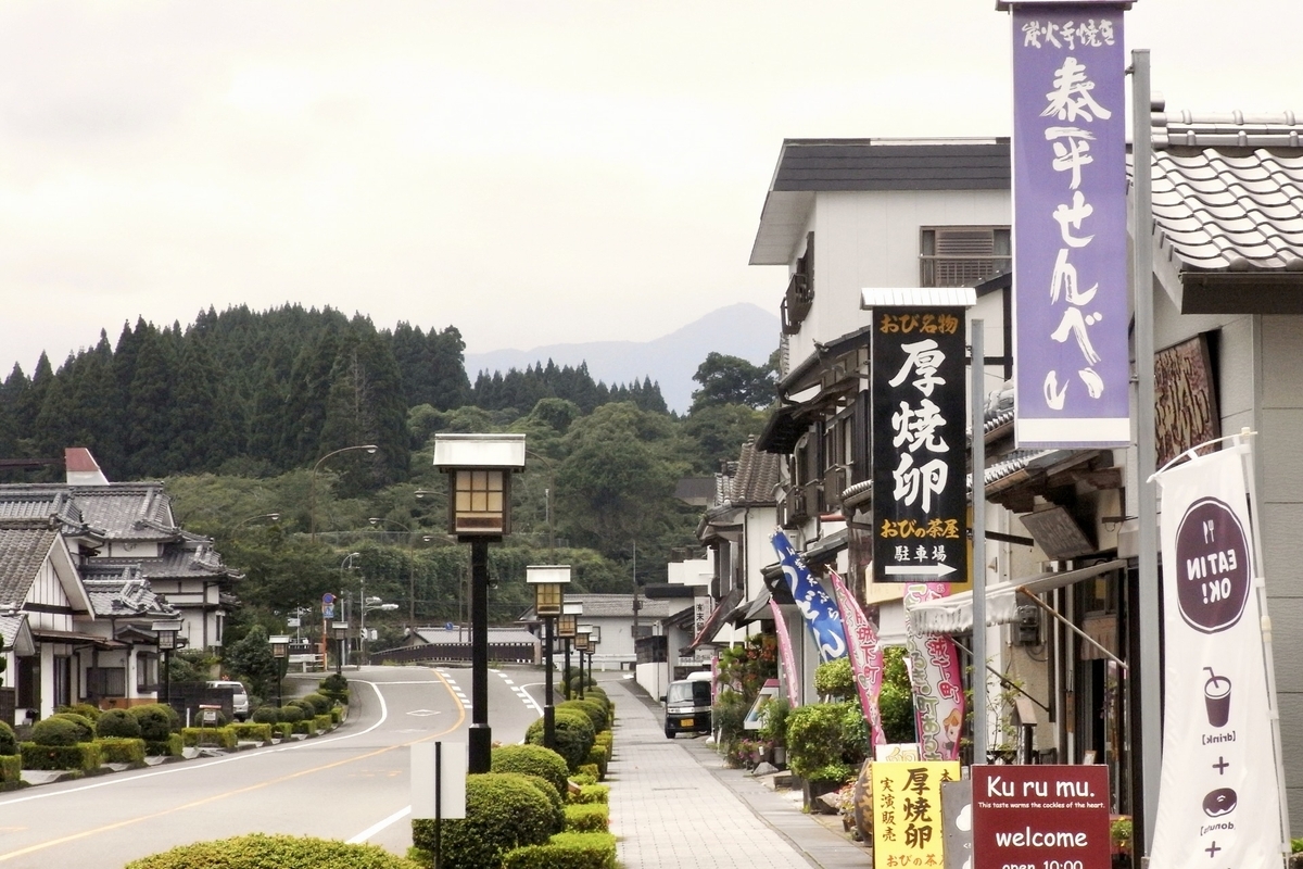 飫肥城下町の通りと歴史ある商家の看板