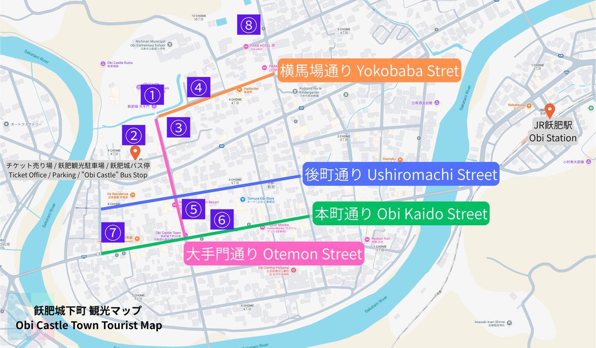 飫肥城下町の主要スポットを示す地図画像