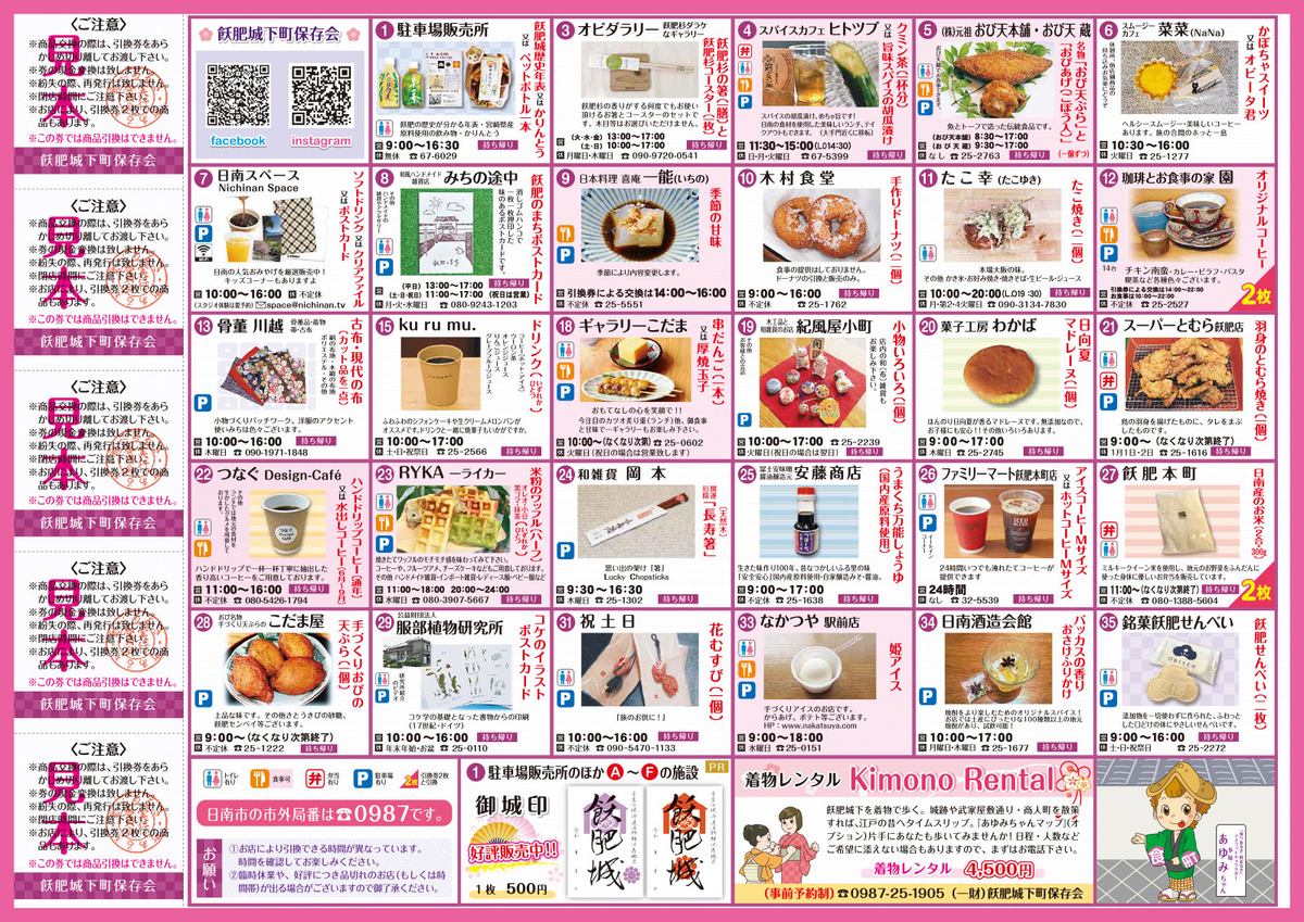 参加店舗の品と引換券が並ぶあゆみちゃんマップ案内図