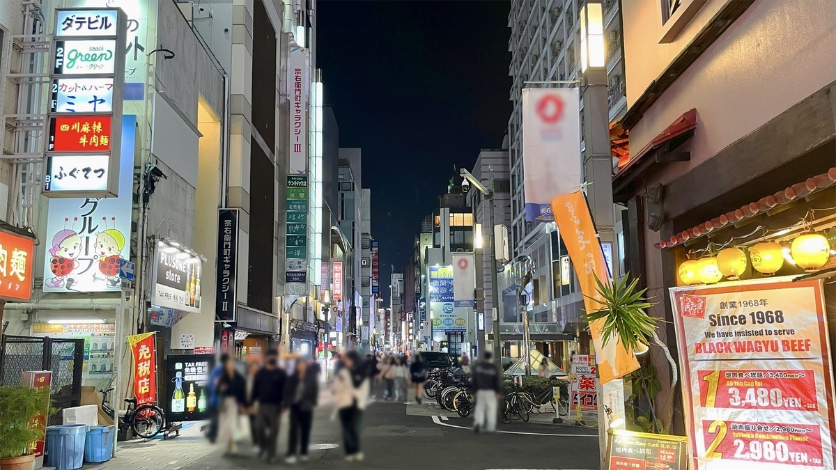 宗右衛門町の夜の通りと多くの人が歩く様子