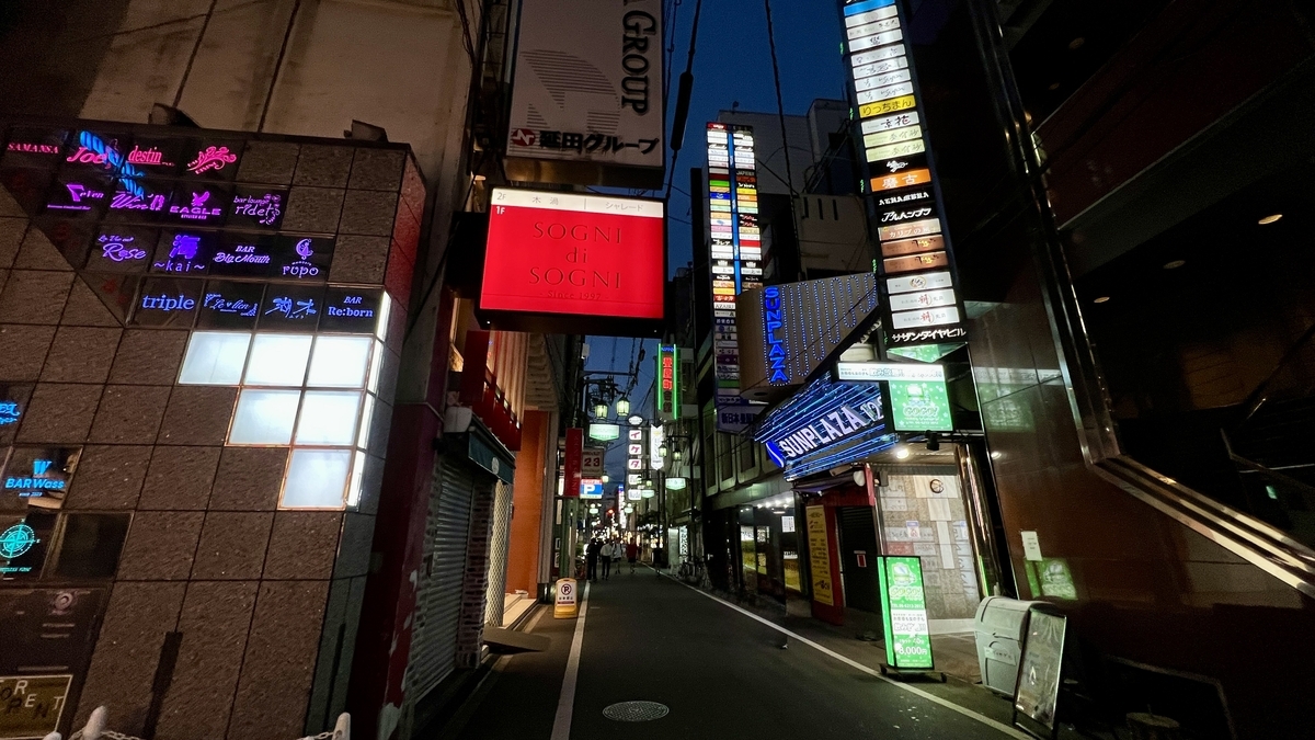 東心斎橋の飲食店や看板が立ち並ぶ路地の夜景